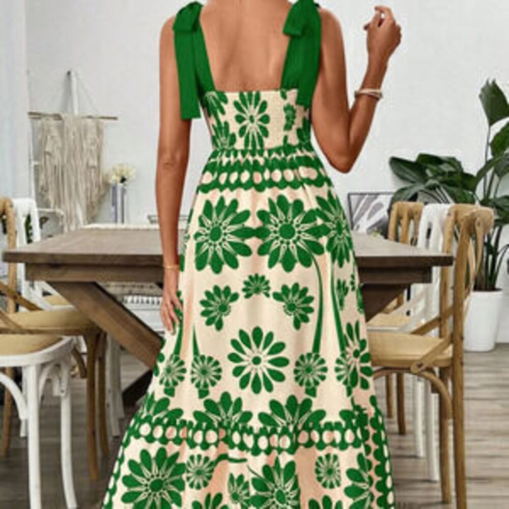 Green Casual Women's Print Laced Shoulder Cut-Out Waist Dress Vacation Beach - Picture 2 of 3